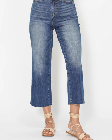 Judy Blue High Waist Back Pocket Embroidery Crop Wide Jeans - THE AMERICAN BLUE