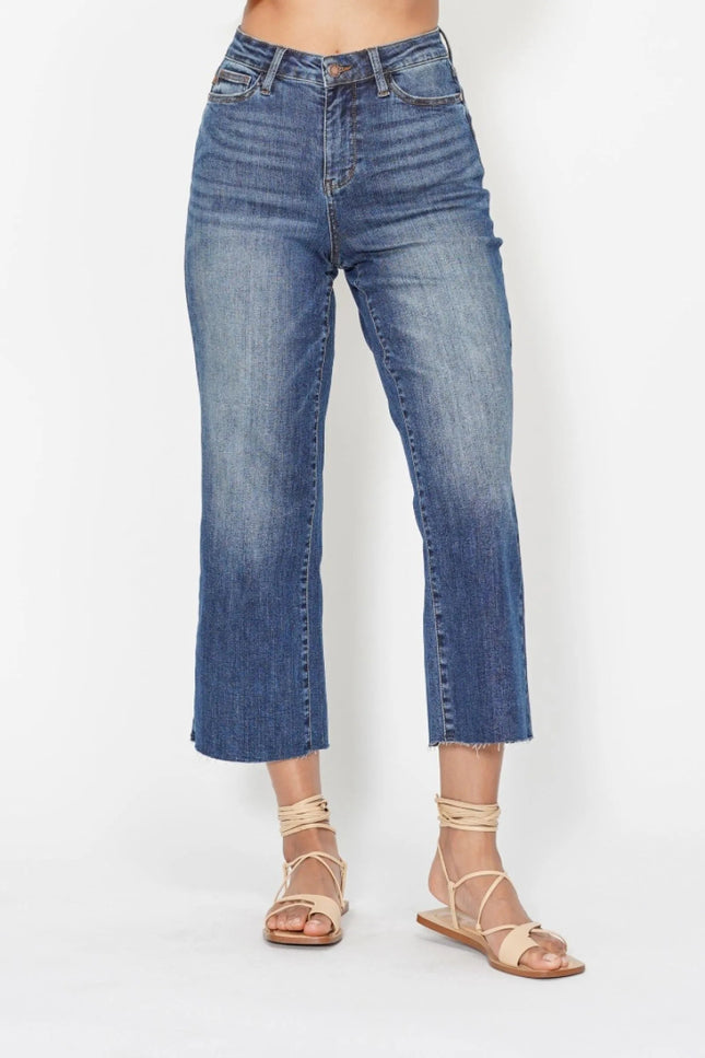 Judy Blue High Waist Back Pocket Embroidery Crop Wide Jeans - THE AMERICAN BLUE