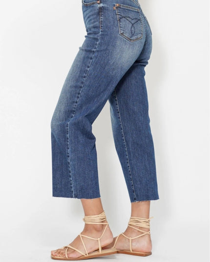 Judy Blue High Waist Back Pocket Embroidery Crop Wide Jeans - THE AMERICAN BLUE