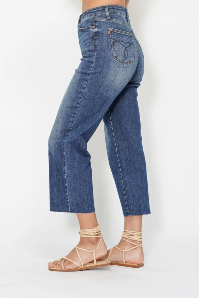 Judy Blue High Waist Back Pocket Embroidery Crop Wide Jeans - THE AMERICAN BLUE