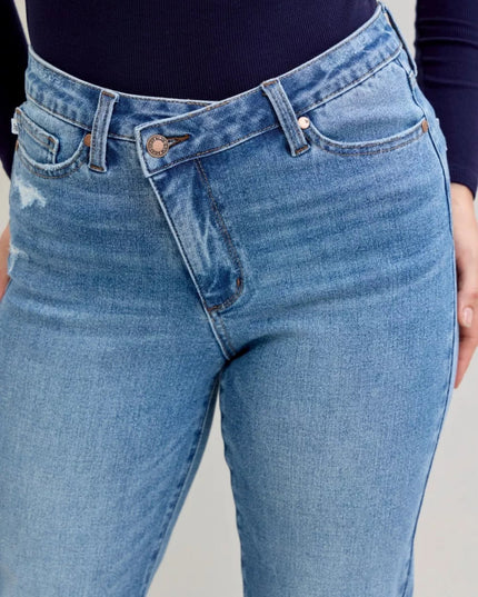 Judy Blue High Waist Bf Criss - cross Mild Destroy Jeans with Single Cuff - THE AMERICAN BLUE