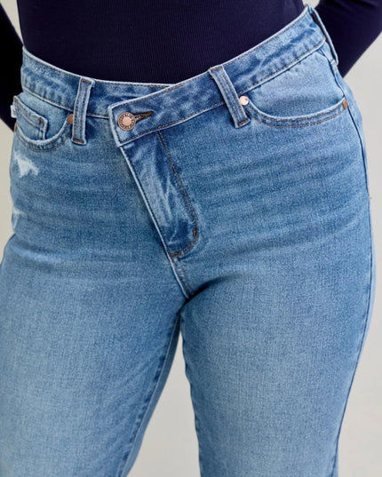 Judy Blue High Waist Bf Criss - cross Mild Destroy Jeans with Single Cuff - THE AMERICAN BLUE