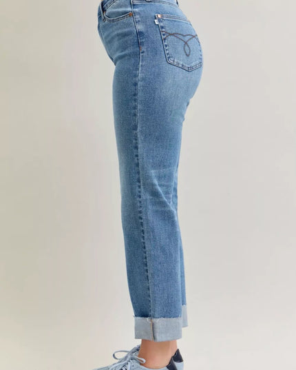 Judy Blue High Waist Bf Criss - cross Mild Destroy Jeans with Single Cuff - THE AMERICAN BLUE