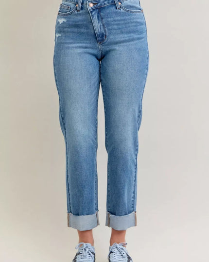 Judy Blue High Waist Bf Criss - cross Mild Destroy Jeans with Single Cuff - THE AMERICAN BLUE