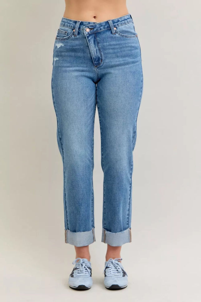 Judy Blue High Waist Bf Criss - cross Mild Destroy Jeans with Single Cuff - THE AMERICAN BLUE