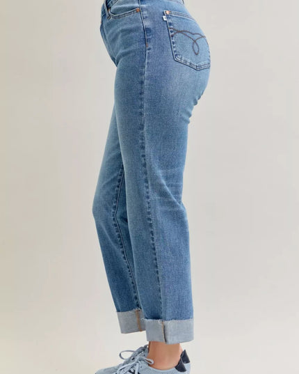 Judy Blue High Waist Bf Criss - cross Mild Destroy Jeans with Single Cuff - THE AMERICAN BLUE