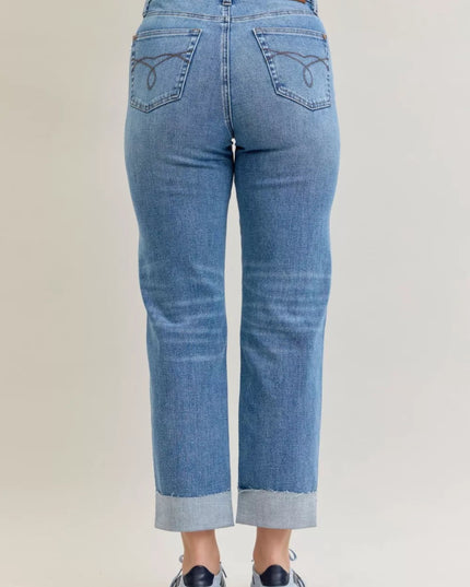 Judy Blue High Waist Bf Criss - cross Mild Destroy Jeans with Single Cuff - THE AMERICAN BLUE