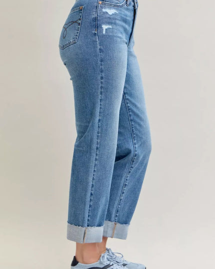 Judy Blue High Waist Bf Criss - cross Mild Destroy Jeans with Single Cuff - THE AMERICAN BLUE