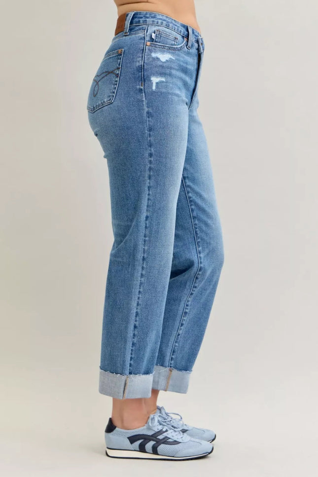 Judy Blue High Waist Bf Criss - cross Mild Destroy Jeans with Single Cuff - THE AMERICAN BLUE