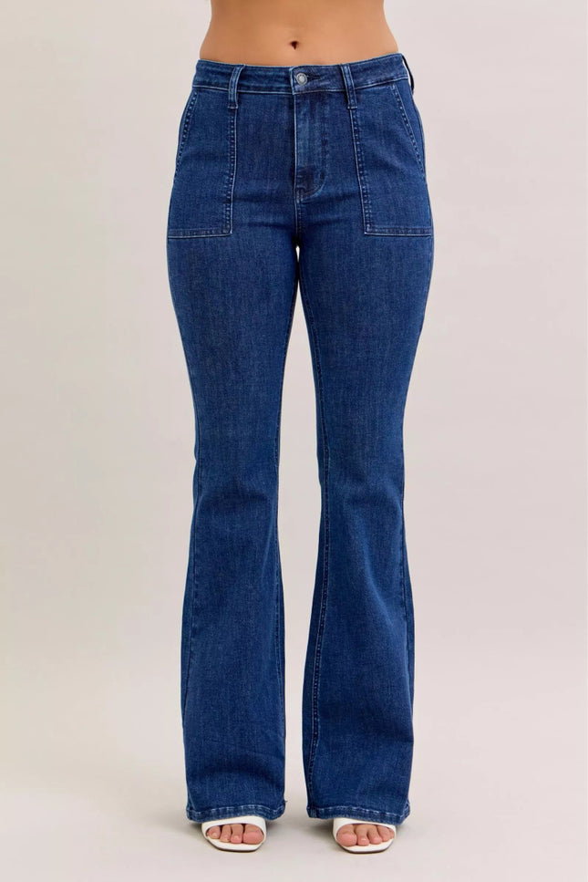 Judy Blue High Waist Flare Jeans with Front Patch Pockets - THE AMERICAN BLUE