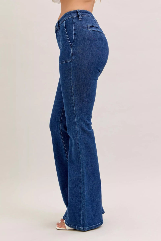 Judy Blue High Waist Flare Jeans with Front Patch Pockets - THE AMERICAN BLUE
