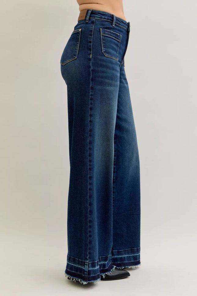 Judy Blue High Waist Palazzo Jeans with Front Patch Pockets - THE AMERICAN BLUE