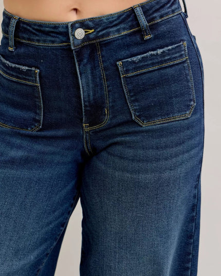 Judy Blue High Waist Palazzo Jeans with Front Patch Pockets - THE AMERICAN BLUE