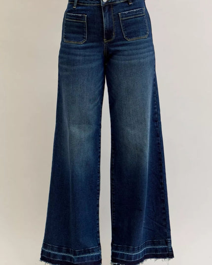 Judy Blue High Waist Palazzo Jeans with Front Patch Pockets - THE AMERICAN BLUE