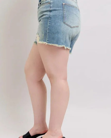 Judy Blue Plus Size High Rise Washed Fly Stitch Detail and Destroy Denim Shorts - THE AMERICAN BLUE