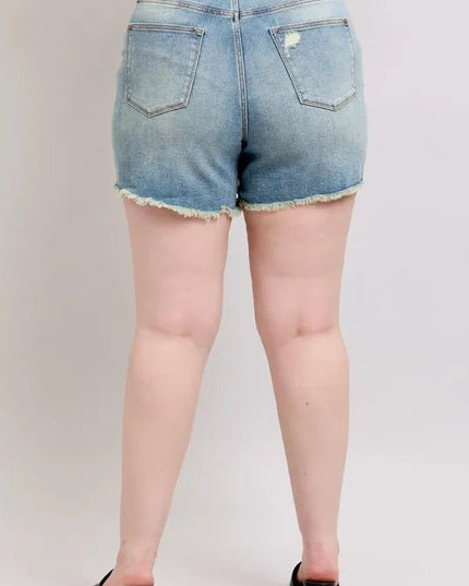 Judy Blue Plus Size High Rise Washed Fly Stitch Detail and Destroy Denim Shorts - THE AMERICAN BLUE
