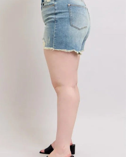 Judy Blue Plus Size High Rise Washed Fly Stitch Detail and Destroy Denim Shorts - THE AMERICAN BLUE