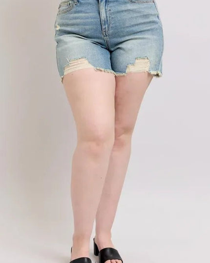 Judy Blue Plus Size High Rise Washed Fly Stitch Detail and Destroy Denim Shorts - THE AMERICAN BLUE
