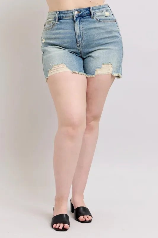Judy Blue Plus Size High Rise Washed Fly Stitch Detail and Destroy Denim Shorts - THE AMERICAN BLUE