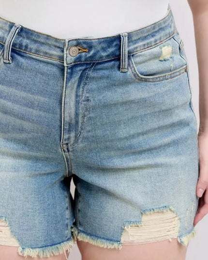 Judy Blue Plus Size High Rise Washed Fly Stitch Detail and Destroy Denim Shorts - THE AMERICAN BLUE