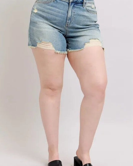 Judy Blue Plus Size High Rise Washed Fly Stitch Detail and Destroy Denim Shorts - THE AMERICAN BLUE