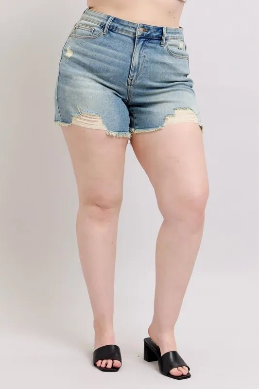 Judy Blue Plus Size High Rise Washed Fly Stitch Detail and Destroy Denim Shorts - THE AMERICAN BLUE