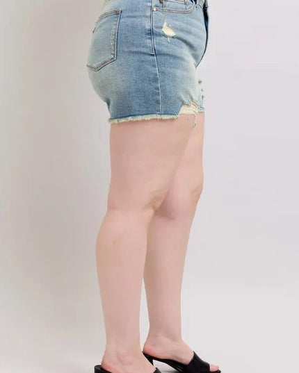 Judy Blue Plus Size High Rise Washed Fly Stitch Detail and Destroy Denim Shorts - THE AMERICAN BLUE
