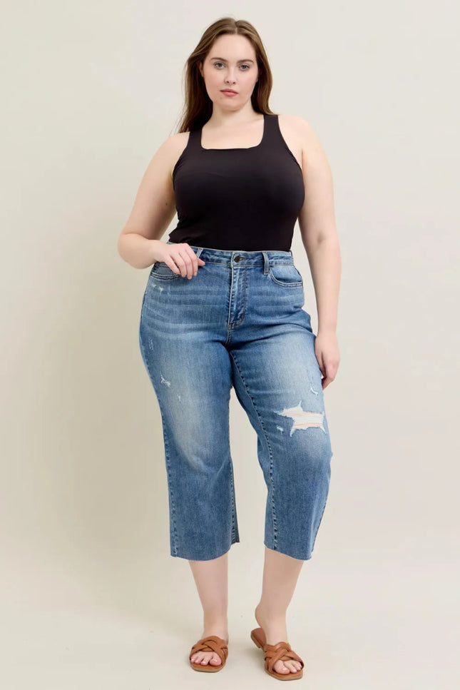 Judy Blue Plus Size High Waist Back Destroy & Raw Cut Hem Crop Wide - THE AMERICAN BLUE