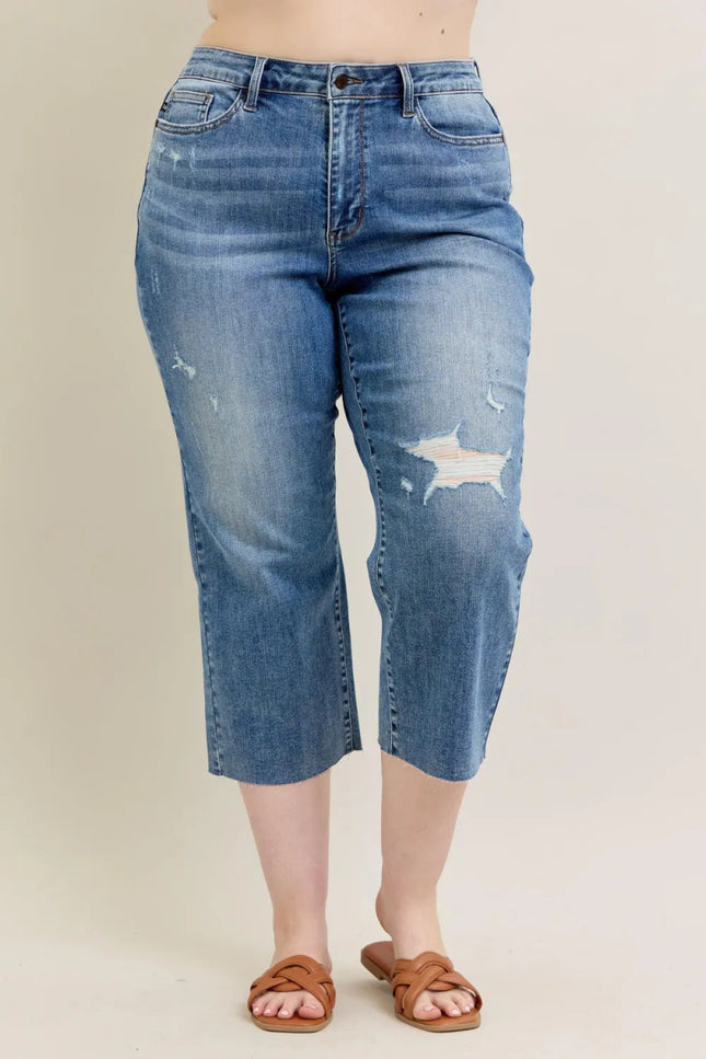 Judy Blue Plus Size High Waist Back Destroy & Raw Cut Hem Crop Wide - THE AMERICAN BLUE