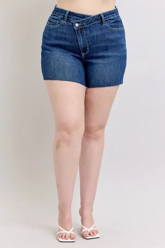 Judy Blue Plus Size High Waist Criss - Cross Waistband Denim Shorts - THE AMERICAN BLUE