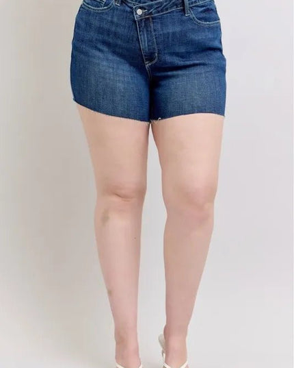 Judy Blue Plus Size High Waist Criss - Cross Waistband Denim Shorts - THE AMERICAN BLUE