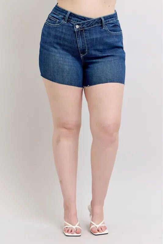 Judy Blue Plus Size High Waist Criss - Cross Waistband Denim Shorts - THE AMERICAN BLUE