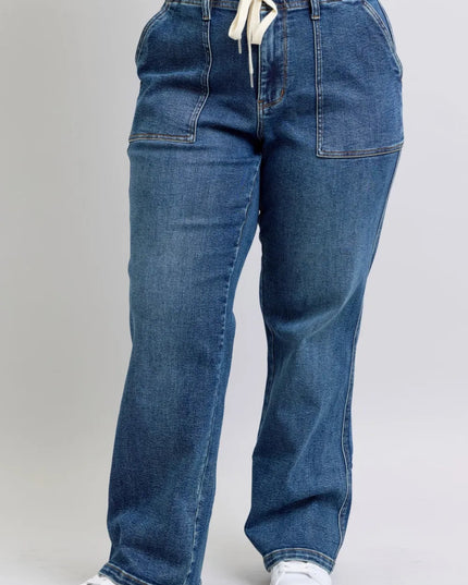 Judy Blue Plus Size High Waist Drawstring Wide Leg Jeans - THE AMERICAN BLUE
