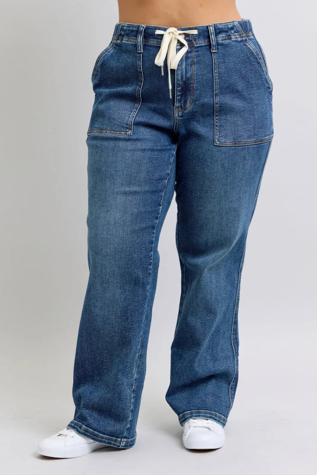 Judy Blue Plus Size High Waist Drawstring Wide Leg Jeans - THE AMERICAN BLUE