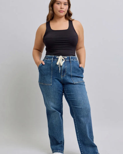 Judy Blue Plus Size High Waist Drawstring Wide Leg Jeans - THE AMERICAN BLUE