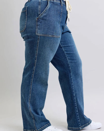 Judy Blue Plus Size High Waist Drawstring Wide Leg Jeans - THE AMERICAN BLUE