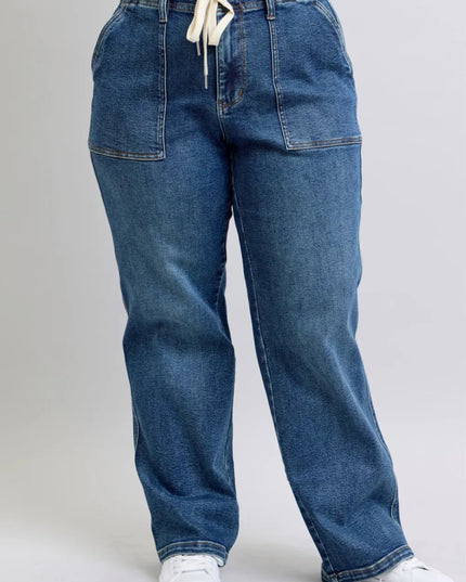 Judy Blue Plus Size High Waist Drawstring Wide Leg Jeans - THE AMERICAN BLUE