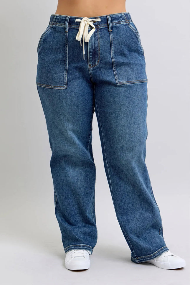Judy Blue Plus Size High Waist Drawstring Wide Leg Jeans - THE AMERICAN BLUE