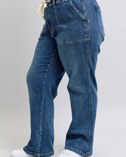 Judy Blue Plus Size High Waist Drawstring Wide Leg Jeans - THE AMERICAN BLUE