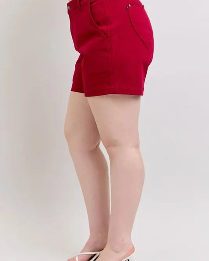 Judy Blue Plus Size High Waist Tummy Control Garment Dyed Heart Shaped Denim Shorts - THE AMERICAN BLUE