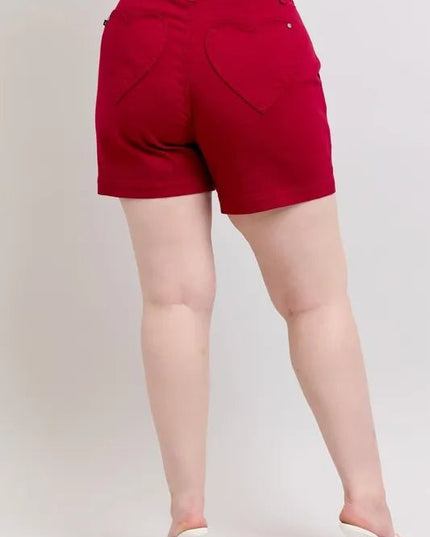 Judy Blue Plus Size High Waist Tummy Control Garment Dyed Heart Shaped Denim Shorts - THE AMERICAN BLUE