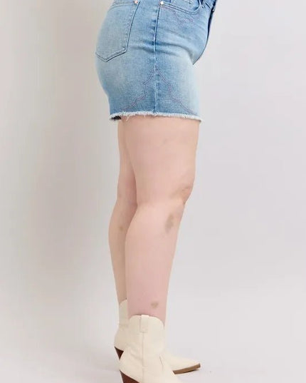 Judy Blue Plus Size High Waist Western Embroidery Detail Cut Off Denim Shorts - THE AMERICAN BLUE