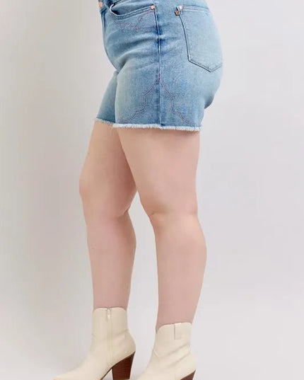 Judy Blue Plus Size High Waist Western Embroidery Detail Cut Off Denim Shorts - THE AMERICAN BLUE