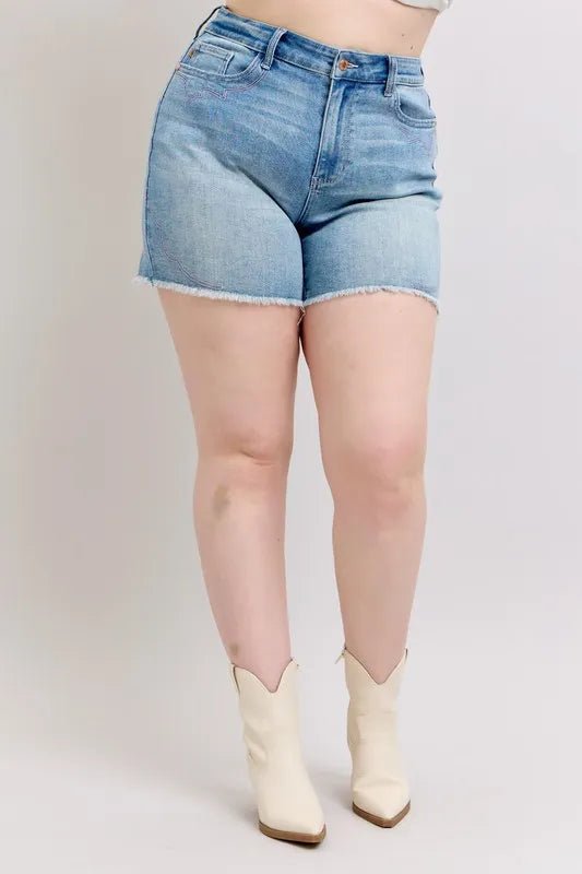 Judy Blue Plus Size High Waist Western Embroidery Detail Cut Off Denim Shorts - THE AMERICAN BLUE