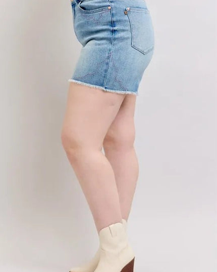 Judy Blue Plus Size High Waist Western Embroidery Detail Cut Off Denim Shorts - THE AMERICAN BLUE