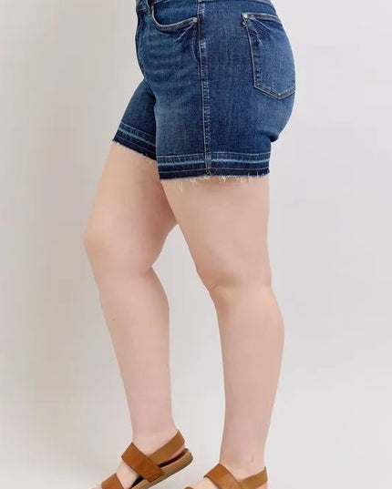 Judy Blue Plus Size HW Tummy Control Destroy Release Hem Denim Shorts - THE AMERICAN BLUE