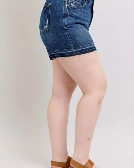 Judy Blue Plus Size HW Tummy Control Destroy Release Hem Denim Shorts - THE AMERICAN BLUE