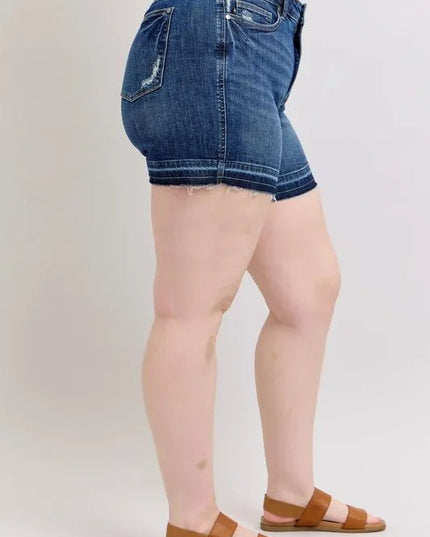 Judy Blue Plus Size HW Tummy Control Destroy Release Hem Denim Shorts - THE AMERICAN BLUE