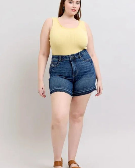 Judy Blue Plus Size HW Tummy Control Destroy Release Hem Denim Shorts - THE AMERICAN BLUE