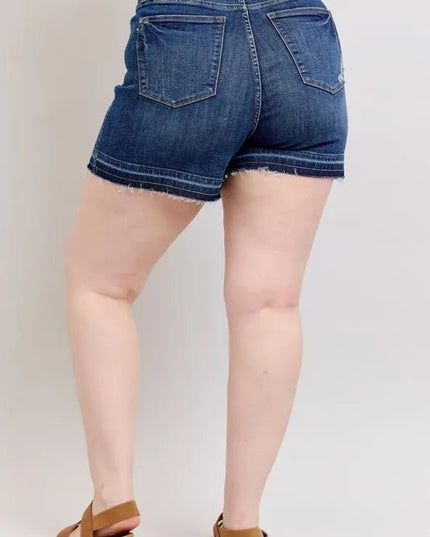 Judy Blue Plus Size HW Tummy Control Destroy Release Hem Denim Shorts - THE AMERICAN BLUE